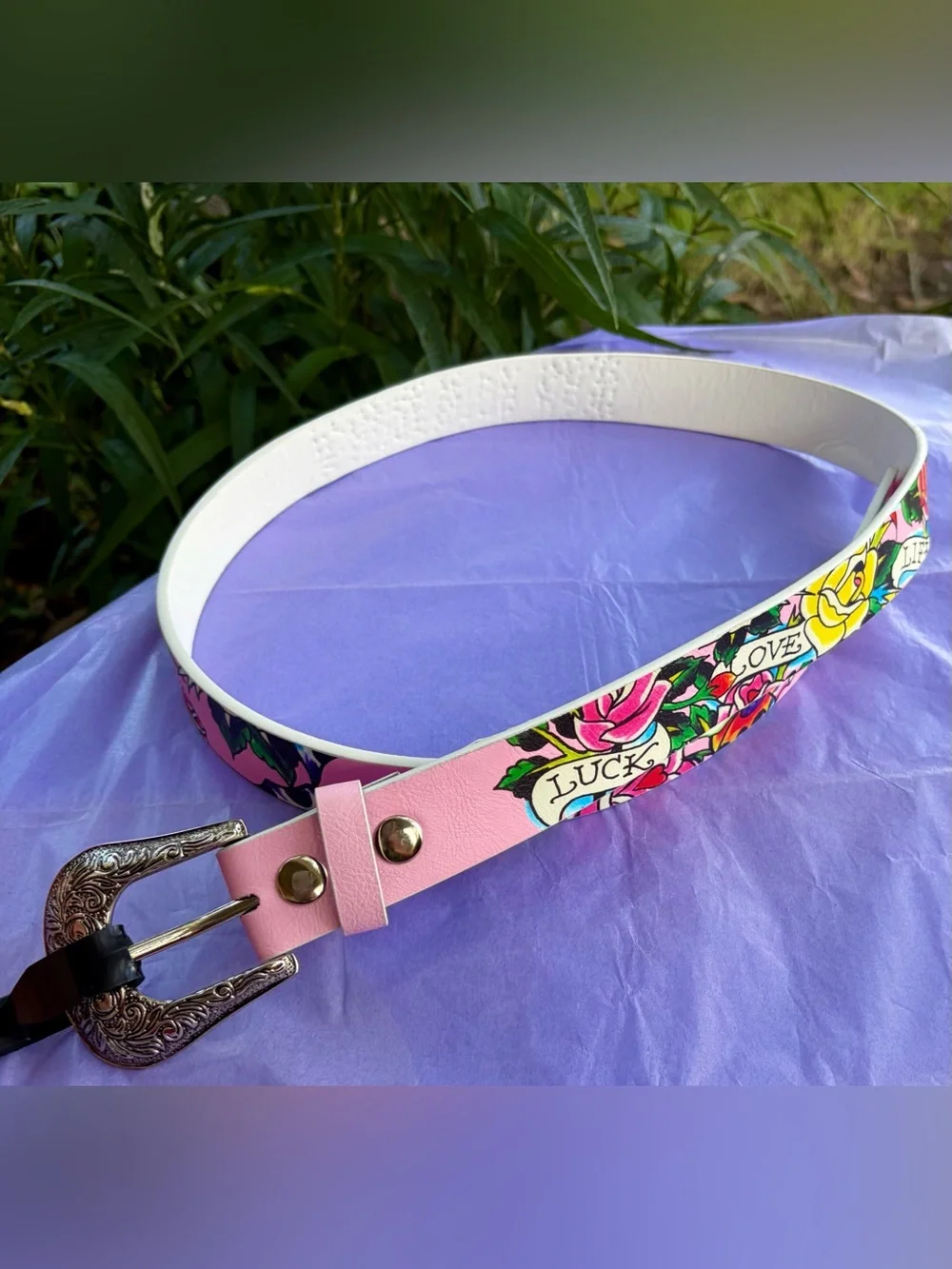 NWT ED HARDY Women's Small/Medium Pink Floral Logo Belt with Rhinestones